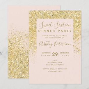 Invitation Typographie de parties scintillant d'or chic rose 