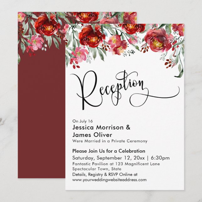 Invitation Typographie de réception de mariage Fleurs rouges  (Devant / Derrière)