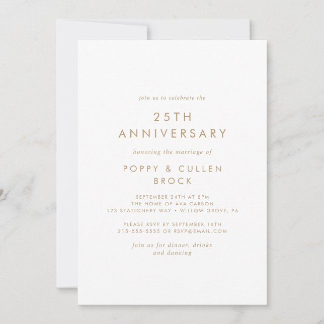 Invitation Typographie d'or chic 25e anniversaire de Mariage (Devant)