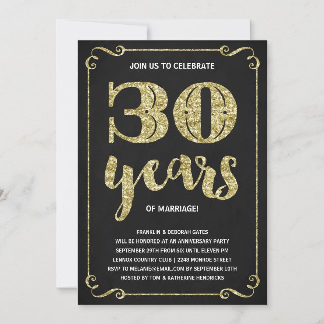 Invitation Typographie dorée | Faux Feuille 30e Anniversaire (Devant)