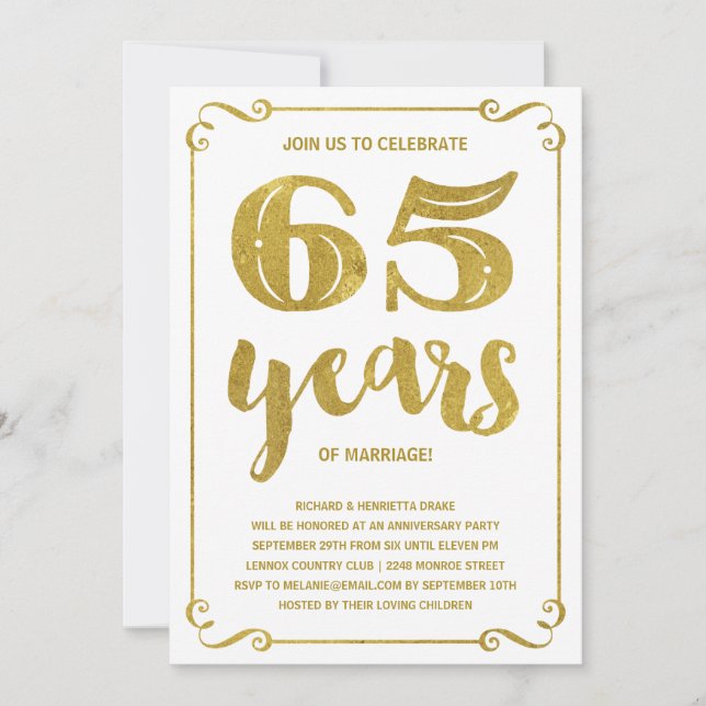 Invitation Typographie dorée | Faux Feuille 65e Anniversaire (Devant)