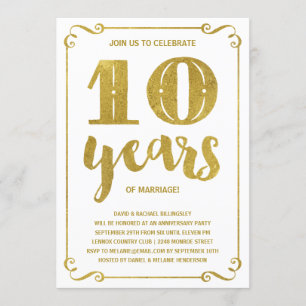 Invitation Typographie dorée Faux feuille d'or 10e annivers