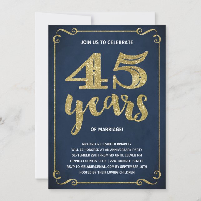 Invitation Typographie dorée | Faux feuille d'or 45e annivers (Devant)