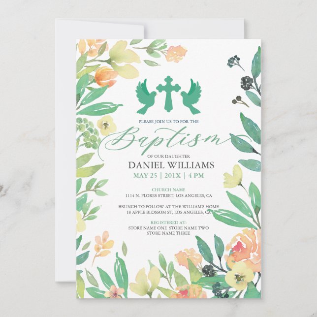Invitation Typographie du baptême avec cadre de fleurs d'été (Devant)