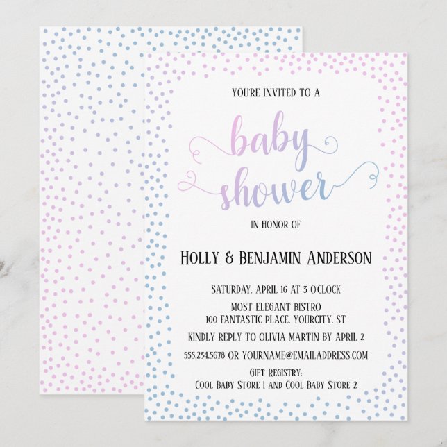 Invitation Typographie du Confetti bleu roseDouche pour bébés (Devant / Derrière)