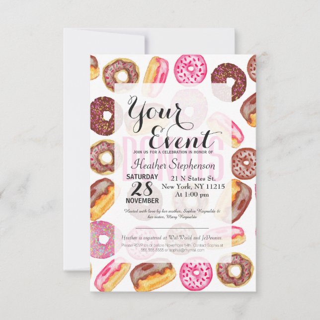 Invitation Typographie du Donut rose et aquarelle Coupe d'âne (Devant)