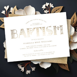 Invitation Typographie élégante Art Nouveau or/blanc Baptême