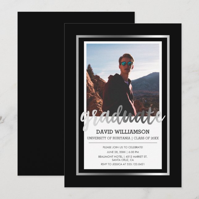 Invitation Typographie en argent et noir | Photo Graduation P (Devant / Derrière)