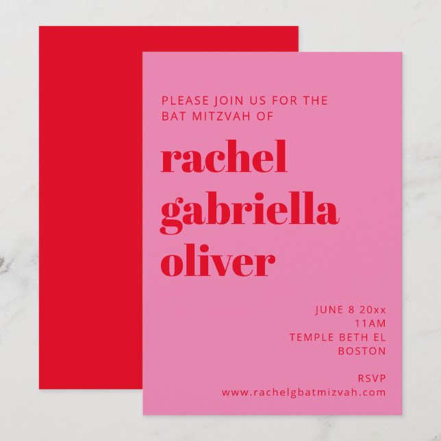 Invitation Typographie en gras Bat mitzvah moderne rose et ro (Devant / Derrière)