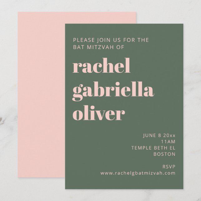 Invitation Typographie en gras Bat mitzvah vert rose (Devant / Derrière)