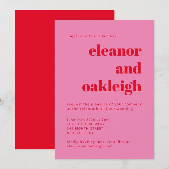 Invitation Typographie en gras rose rouge moderne Mariage chi (Devant / Derrière)