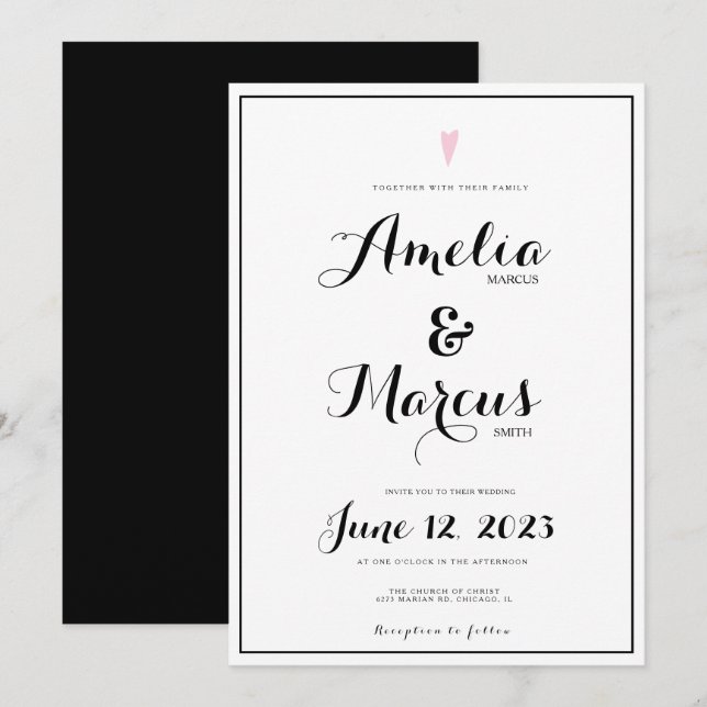 Invitation Typographie en noir blanc Mariage de coeur (Devant / Derrière)