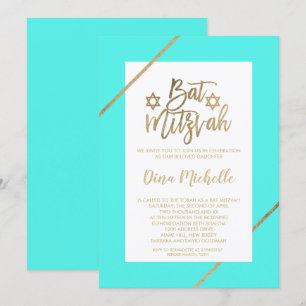 Invitation Typographie feuille or fleurie aqua chic Bat mitzv