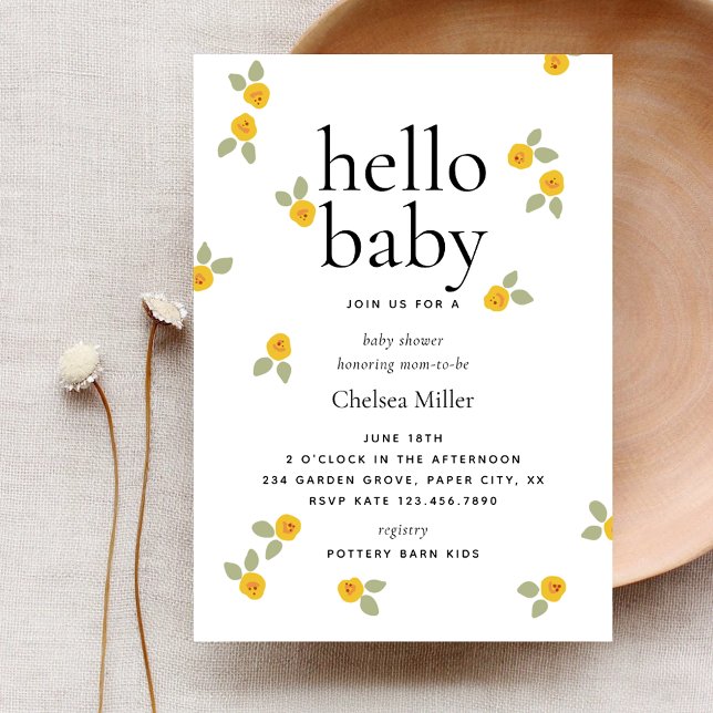 Invitation Typographie Floral Jaune Bonjour Baby shower (Créateur téléchargé)