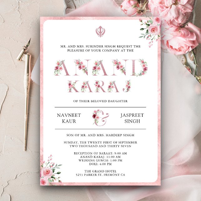 Invitation Typographie florale rose Anand Karaj Sikh Mariage (Créateur téléchargé)