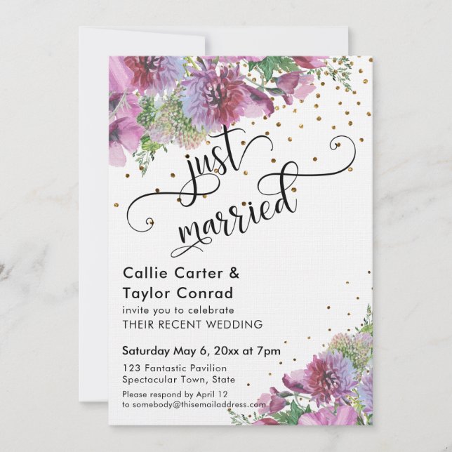 Invitation Typographie mariée Fleur sauvage Gold Confetti (Devant)