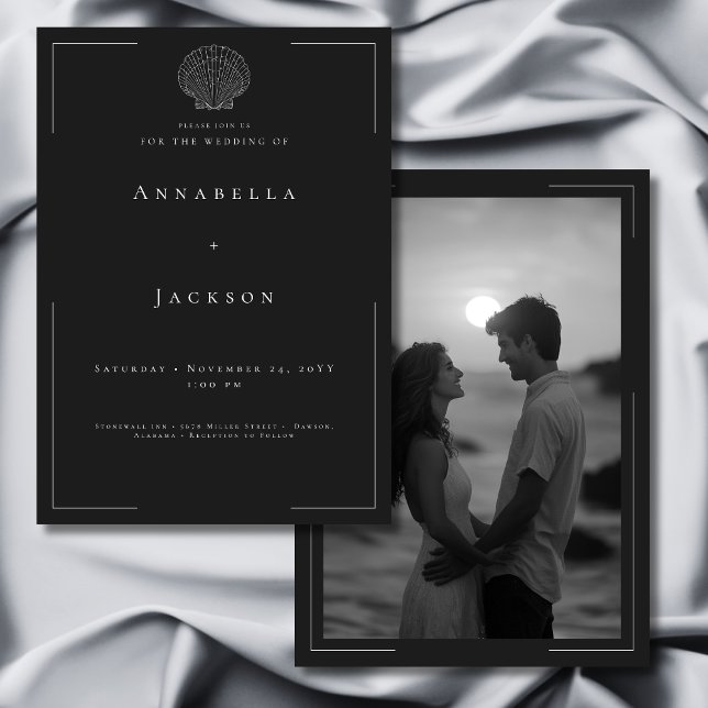 Invitation Typographie minimale Mariage photo Black White She (Minimal Typography Black White Shell Photo Wedding Invitation)
