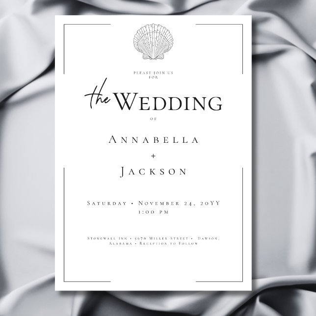 Invitation Typographie minimale Mariage Shell noir et blanc (Minimal Typography Black & White Shell Wedding Invitation)