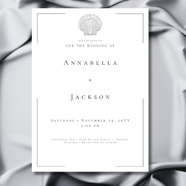 Invitation Typographie minimale Mariage Shell noir et blanc (Minimal Typography Black & White Shell Wedding Invitation)