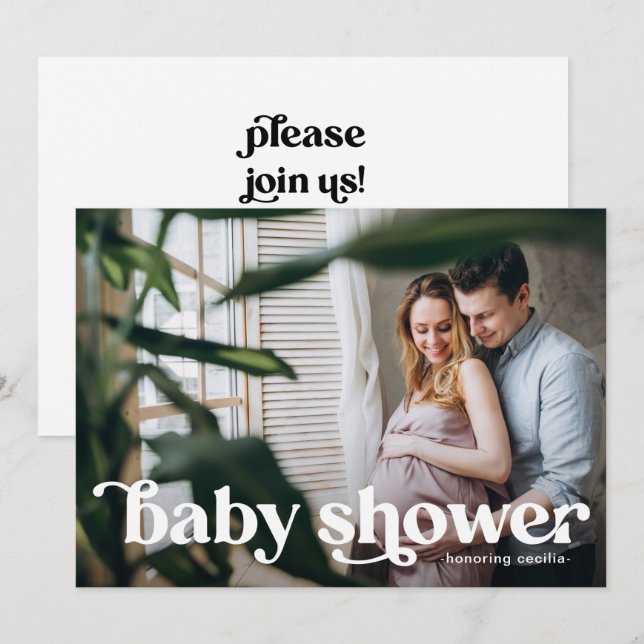 Invitation Typographie moderne avec Baby shower photo (Devant / Derrière)