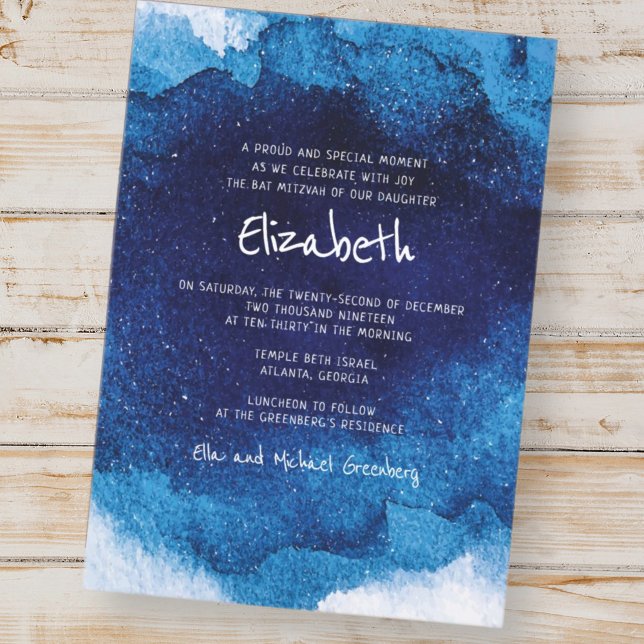 Invitation Typographie moderne Bat mitzvah d'aquarelle bleu (Créateur téléchargé)