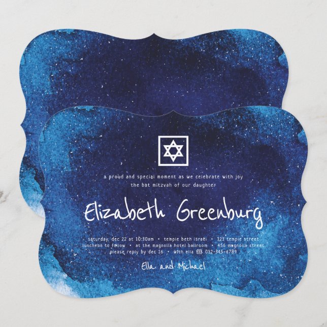 Invitation Typographie moderne Bat mitzvah d'aquarelle bleu (Devant / Derrière)