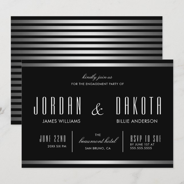 Invitation Typographie moderne Black & Silver Engagement Part (Devant / Derrière)