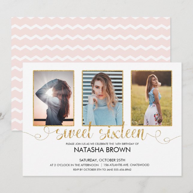 Invitation Typographie moderne chic Sweet 16 Gold Party Photo (Devant / Derrière)