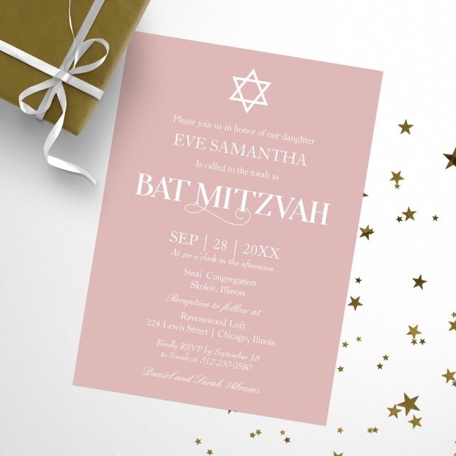 Invitation Typographie moderne Dusty Bat mitzvah rose (Créateur téléchargé)