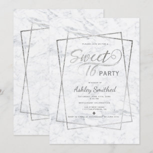 Invitation Typographie moderne en argent marbre Sweet 16