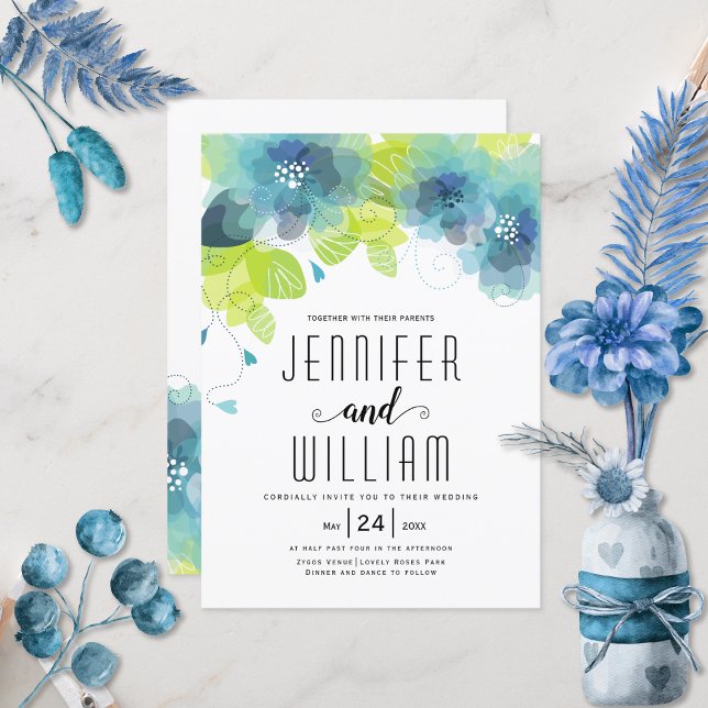 Invitation Typographie moderne fleurs bleues mariage floral (Créateur téléchargé)