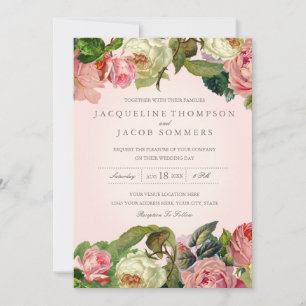 Invitation Typographie Moderne Fleurs de Rose Vintage Mariage