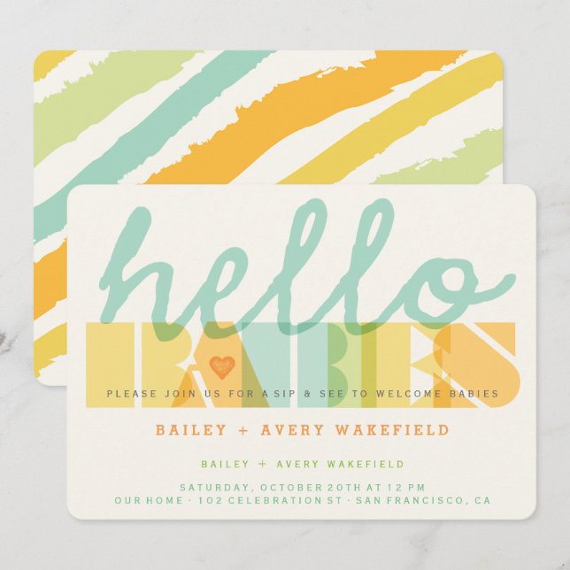 Invitation Typographie moderne Hello Baby Twins Sip & See (Devant / Derrière)