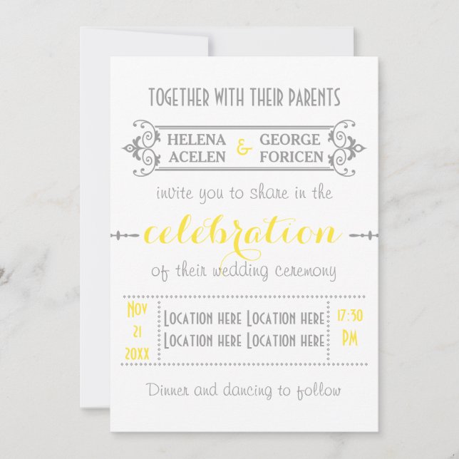 Invitation Typographie moderne jaune, gris mariage (Devant)