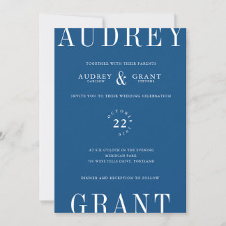 Invitation Typographie moderne mariage bleu classique