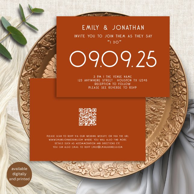 Invitation Typographie moderne Mariage en terre cuite (Front and back view)
