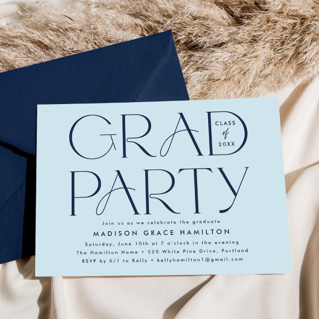 Invitation Typographie moderne Marine Blue Graduation Party (Créateur téléchargé)