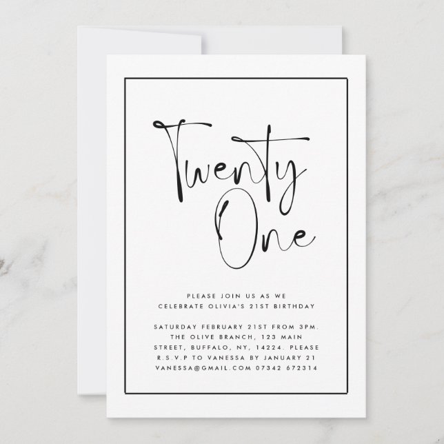 Invitation Typographie moderne noir blanc 21 anniversaire pho (Devant)