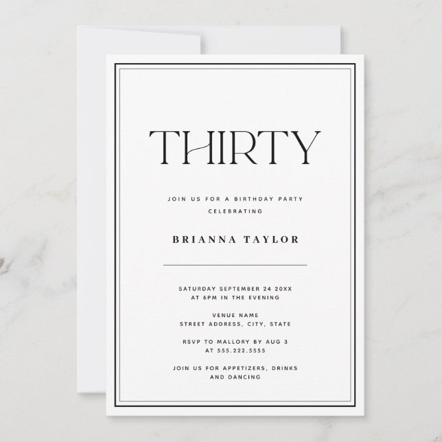 Invitation Typographie moderne noir & blanc 30e anniversaire (Devant)