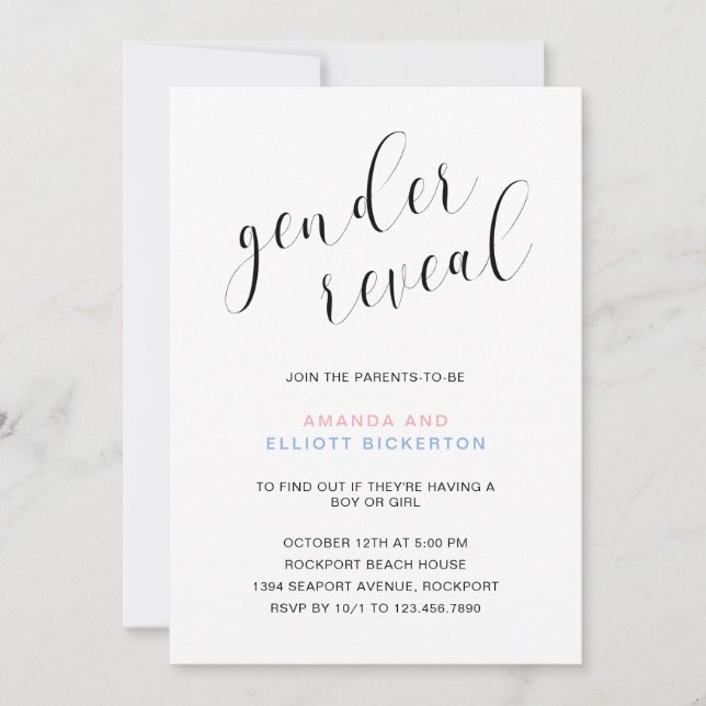 Invitation Typographie moderne noir et blanc Révélation de ge (Devant)