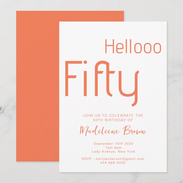 Invitation Typographie moderne Peach 50th Birthday (Devant / Derrière)