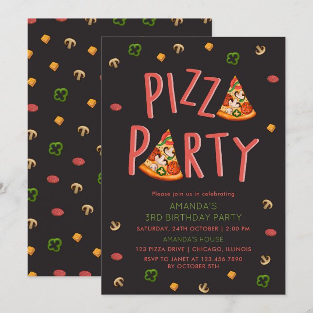 Invitation Typographie moderne Pizza Slices Anniversaire de e (Devant / Derrière)