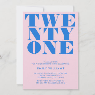Invitation Typographie moderne rose bleu gras 21e anniversair