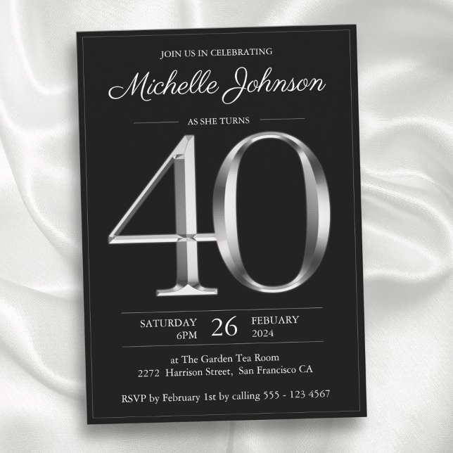 Invitation Typographie noir et argent 40e anniversaire (Black and Silver Typography 40th Birthday Invitation)