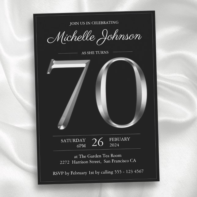 Invitation Typographie noir et argent 70e anniversaire (Black and Silver Typography 70th Birthday Invitation)