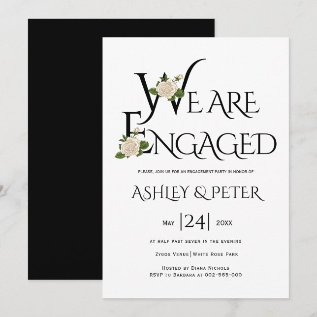 Invitation Typographie noir et blanc, partie d'engagement ros (Devant / Derrière)