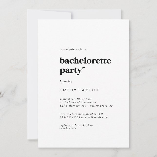 Invitation Typographie Noire moderne Bachelorette (Devant)