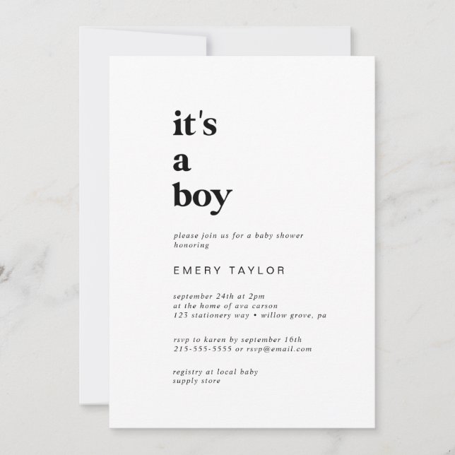 Invitation Typographie noire moderne C'est un Baby shower gar (Devant)