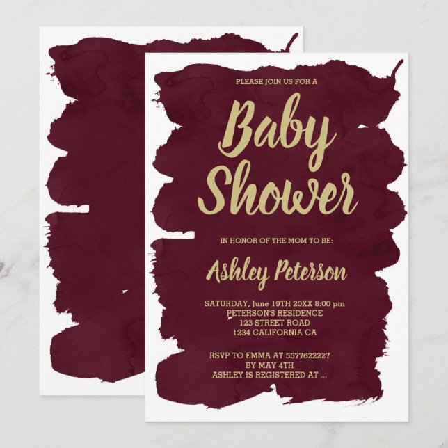 Invitation Typographie or Baby shower d'aquarelle bordeaux (Devant / Derrière)