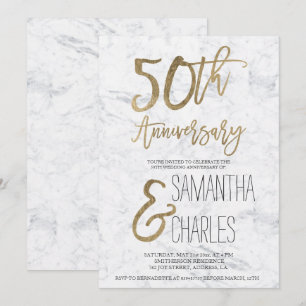 Invitation Typographie or chic marbre blanc 50e anniversaire